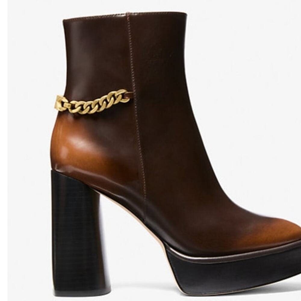 Brown Leather Ankle Boots with Gold Chain